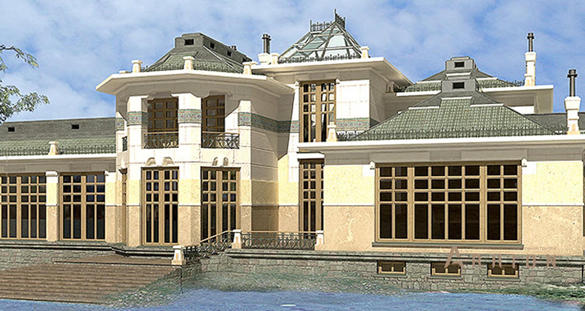 2. Проект двухэтажного дома в дворцовом стиле с многоскатной кровлей, SOV-4, площадью - 1040 кв c цокольным этажом, сауной, балконом, бассейном, эркером